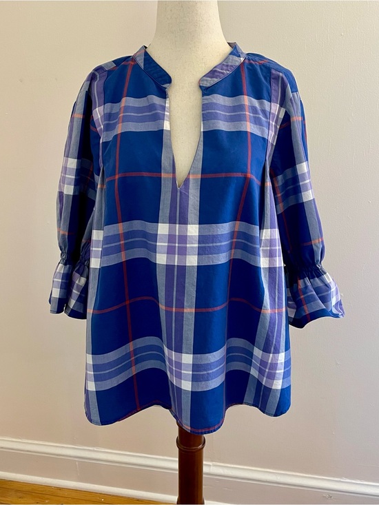 Harshman Tops - Harshman LA Blue Plaid 100% Cotton Popover Blouse Ruffle Sleeve M
